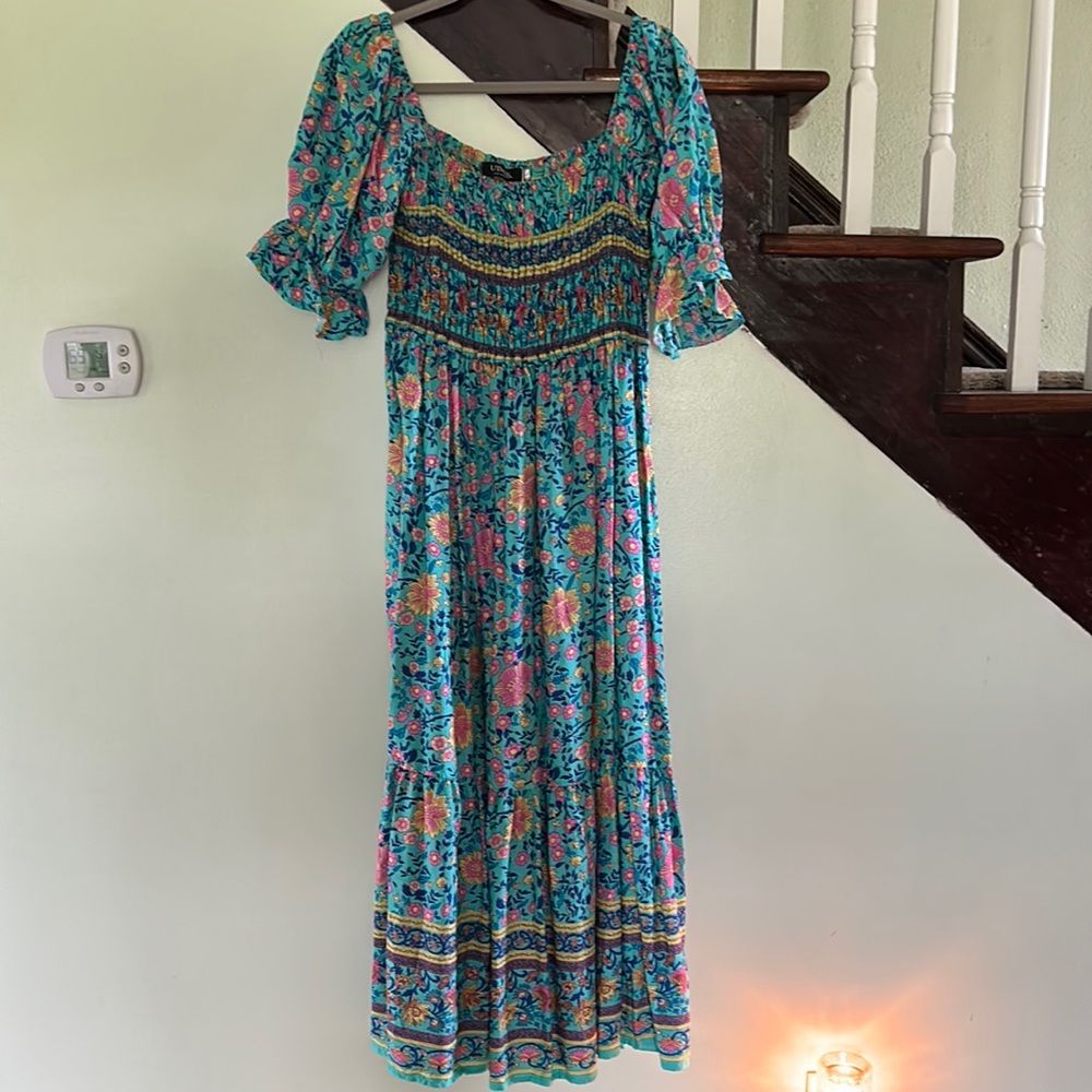 Summer Bohemian square neck floral print ruffle vintage midi boho dress